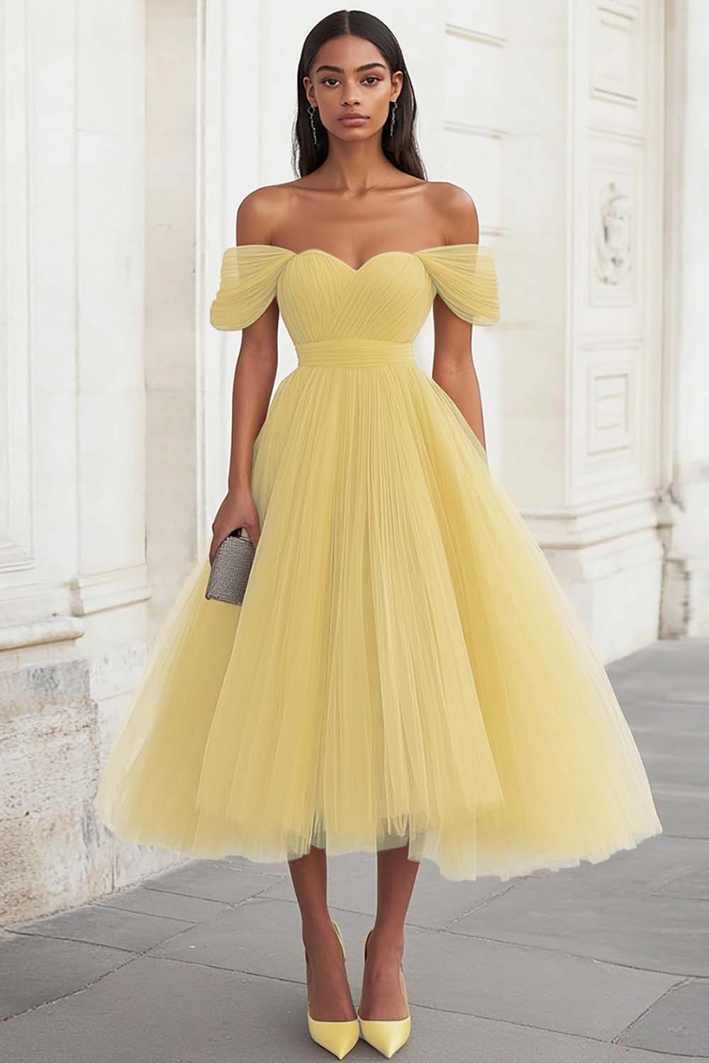 Yellow Off The Shoulder A Line Tulle Wedding Guest Dress