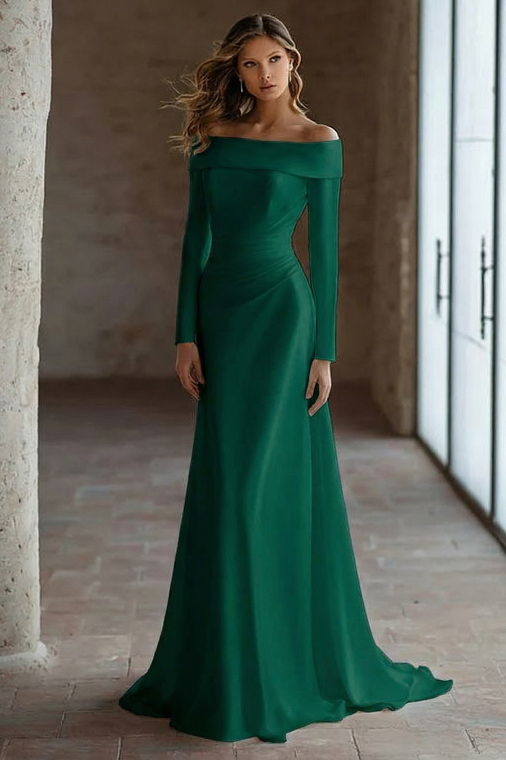 Off The Shoulder Ivory Engagement Dress With Long Sleeves