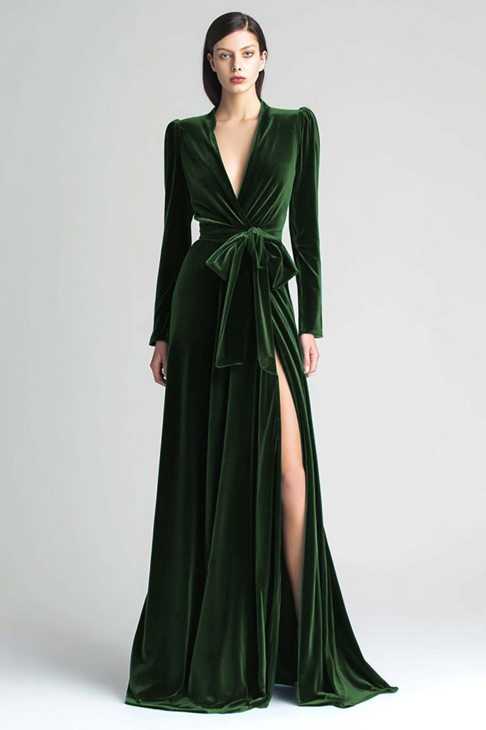 Dark Green Velvet Long Sleeve Formal Dress With Slit
