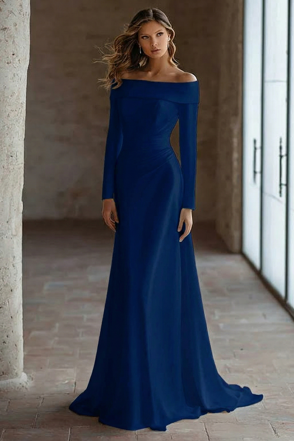 Off The Shoulder Ivory Engagement Dress With Long Sleeves