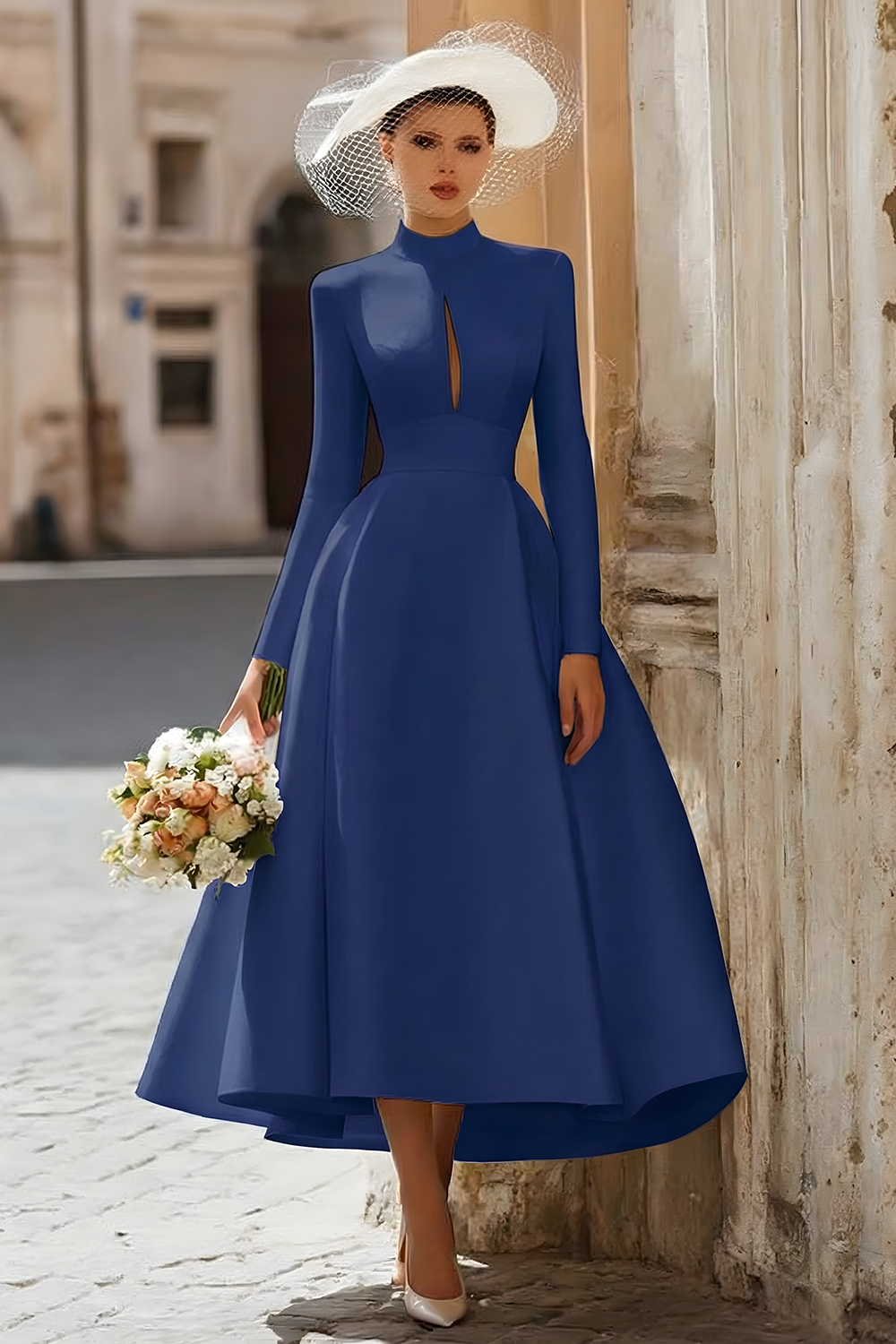 Satin A-Line Ivory Cut Out Midi Wedding Dress