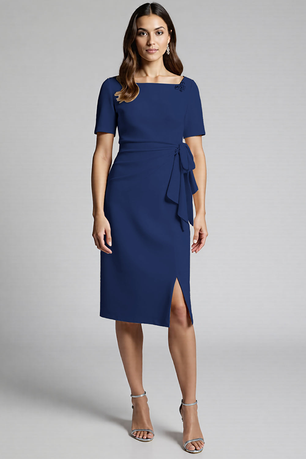 Ruffled Champagne Sheath Midi Dress with Slit