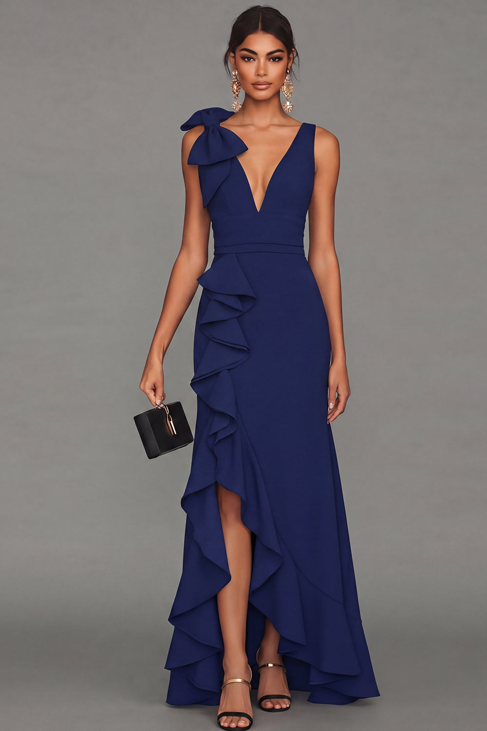 Black Bowed V Neck Maxi Formal Dress with Ruffles