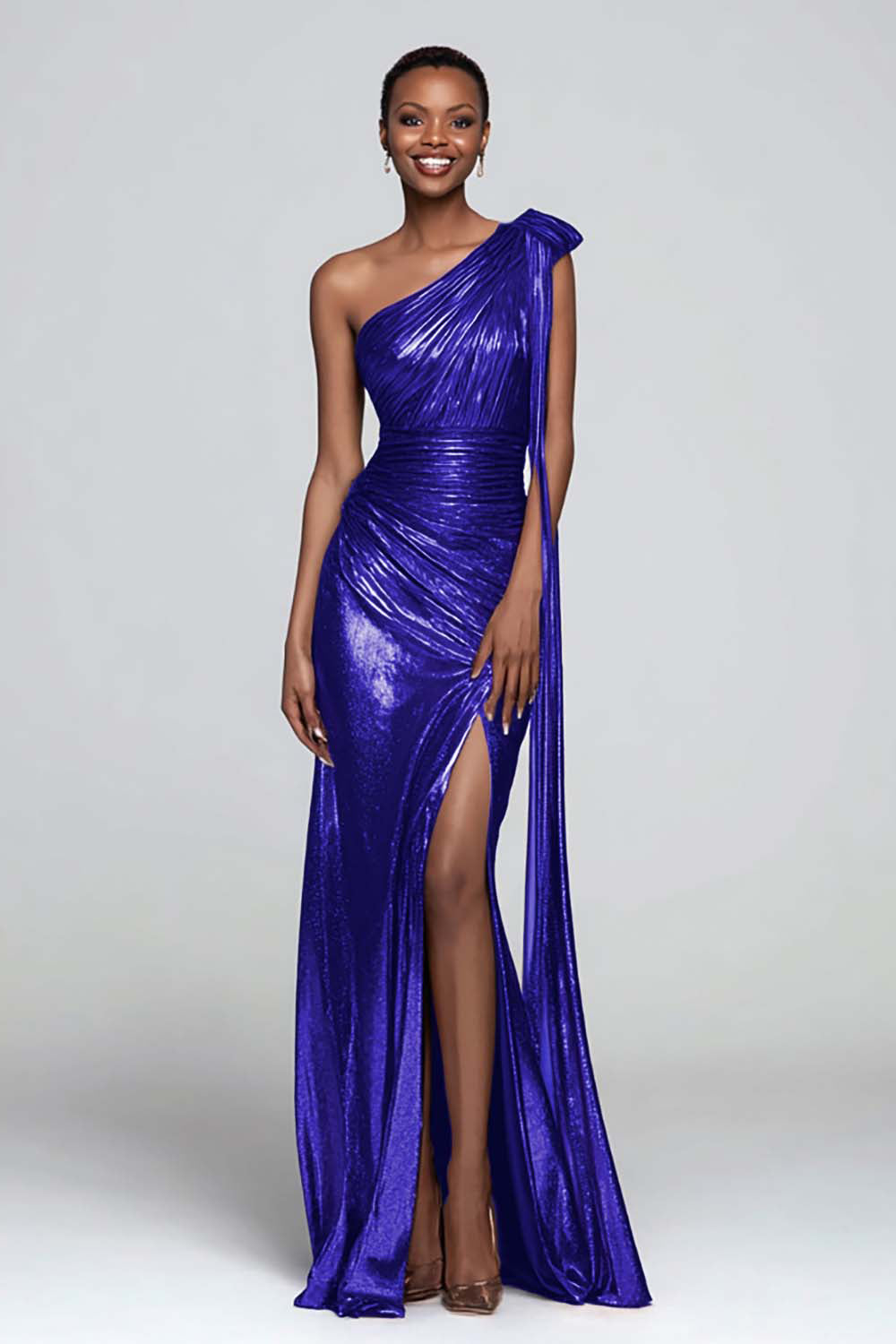Metallic Ruched Brown One Shoulder Maxi Dress With Slit