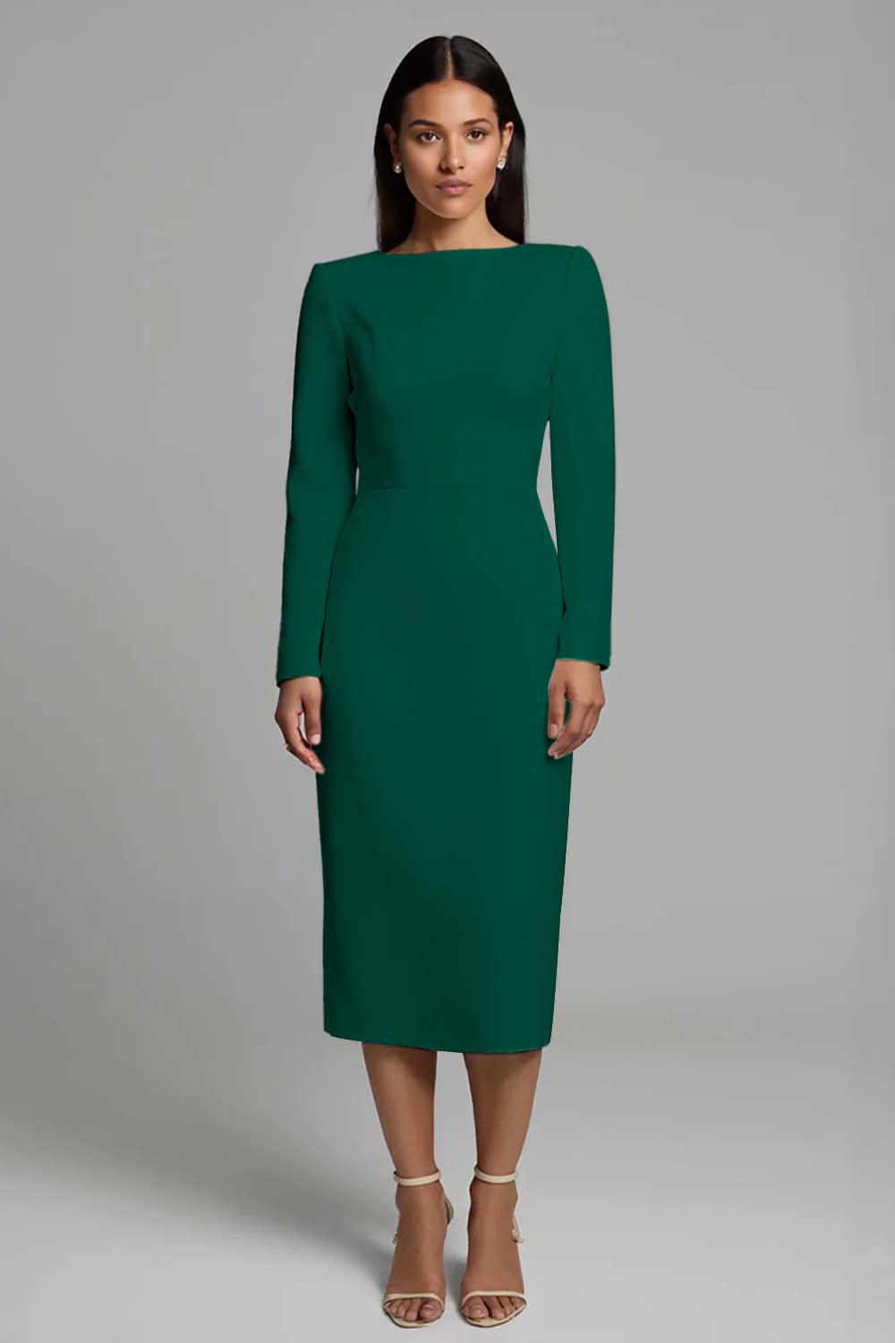 Ivory Sheath Long Sleeve Midi Work Dress with Slit