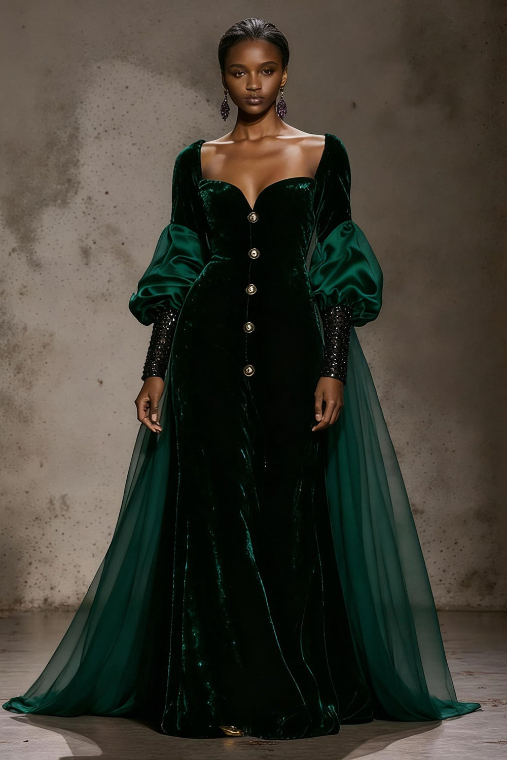Burgundy Velvet Long Sleeve Evening Dress with Overlay