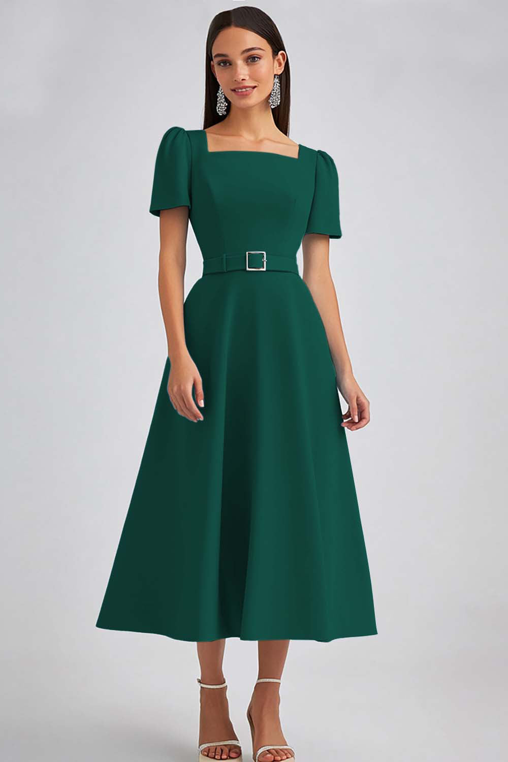 A Line Sky Blue Square Neck Midi Work Dress with Belt