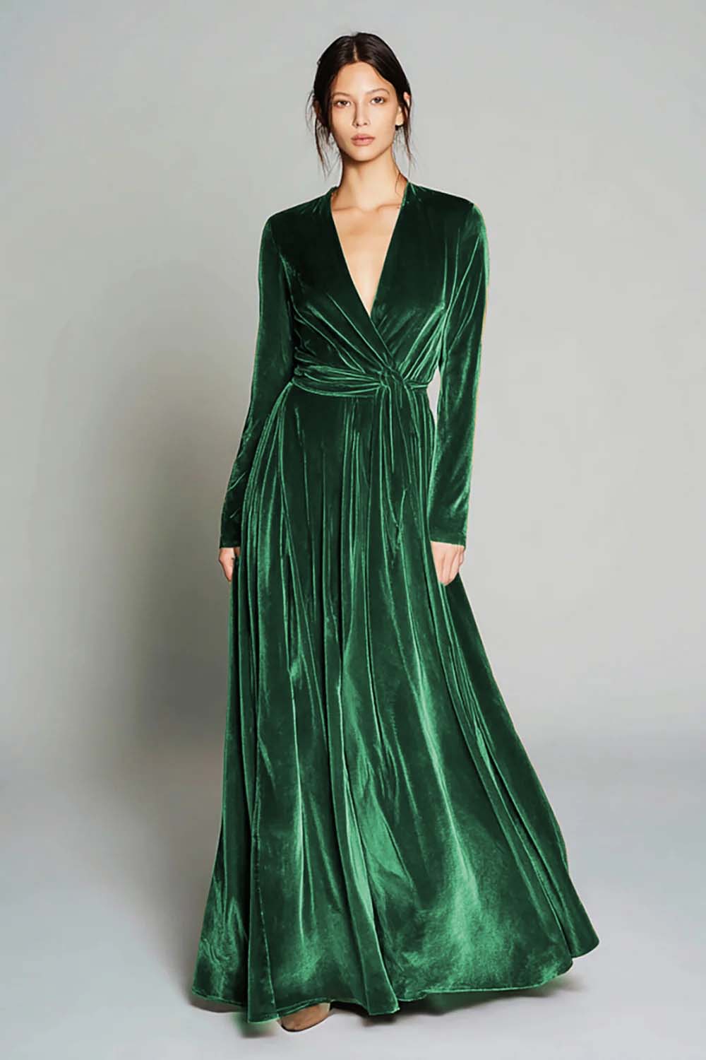 Brown Velvet A-Line V-Neck Long Sleeve Holiday Dress