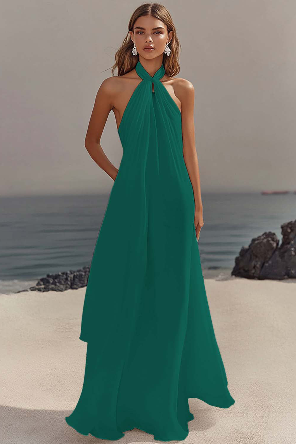 Halter White A-Line Maxi Engagement Dress