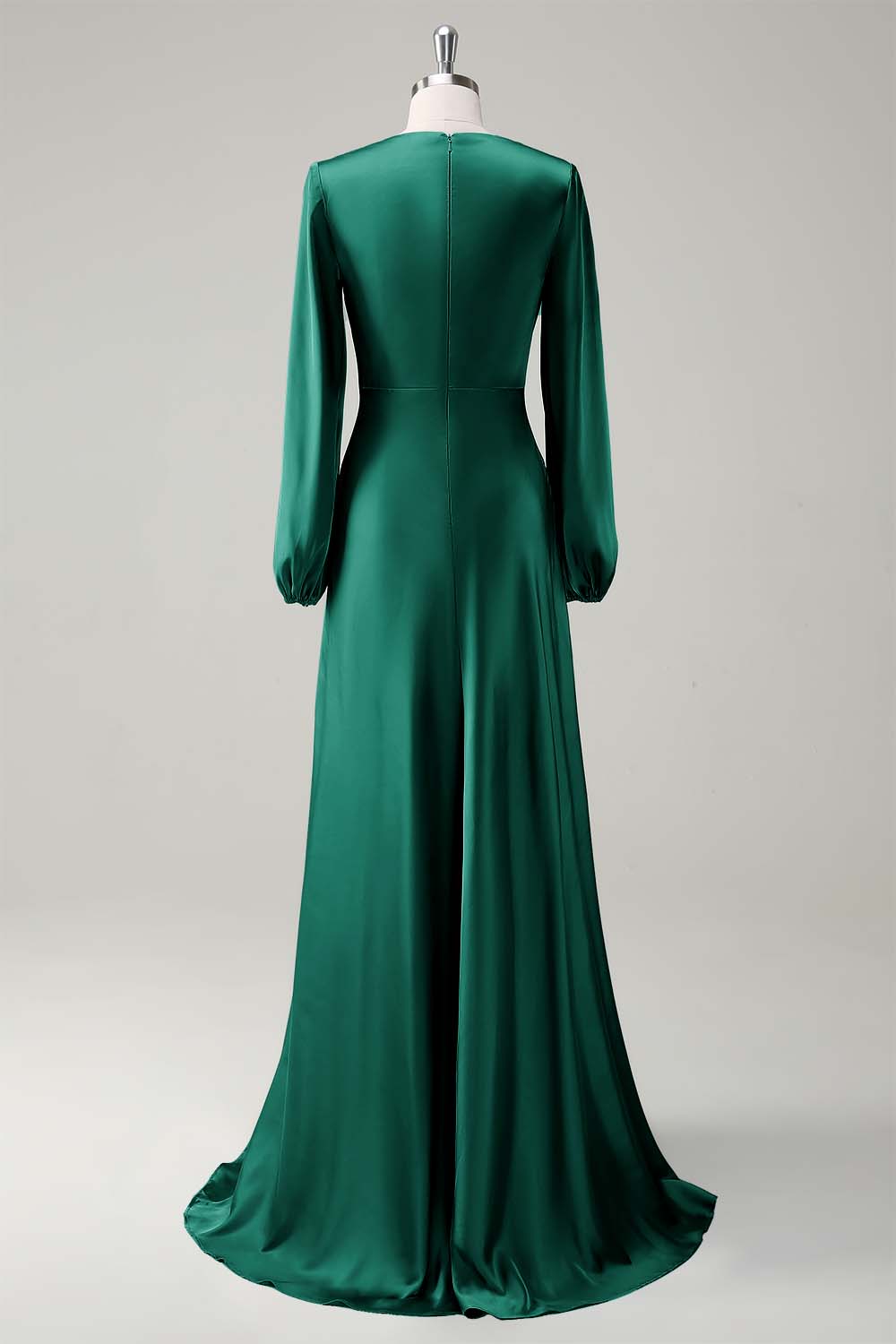 Eucalyptus Satin Round Neck Modest Bridesmaid Dress with Long Sleeves