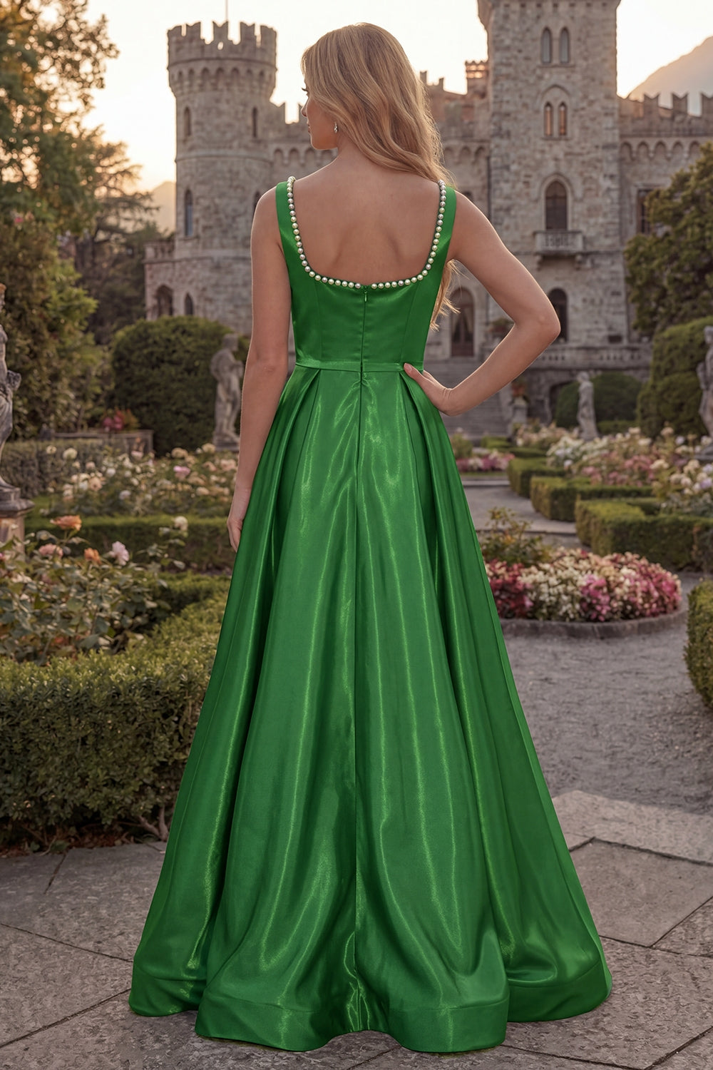 Blush A Line Square Neck Satin Prom Dress with Pearls