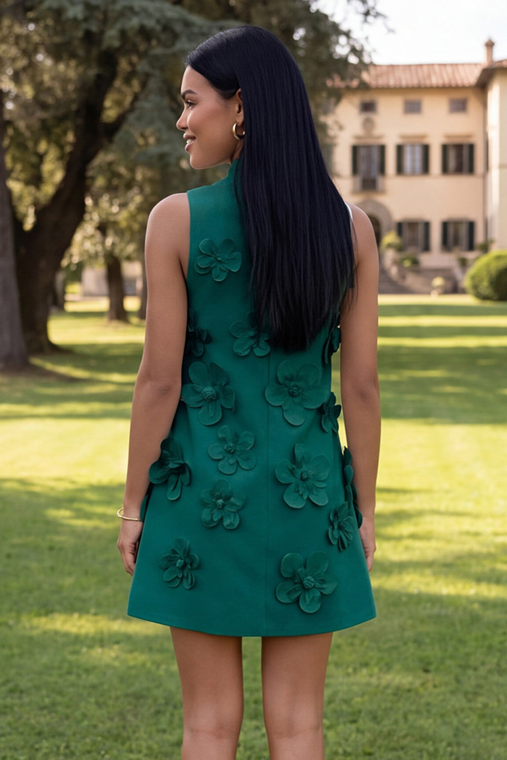 Floral Blue High Neck A-Line Homecoming Dress