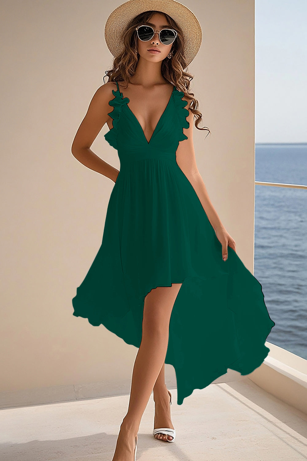 Ruffled White V Neck Asymmetrical Holiday Party Dress