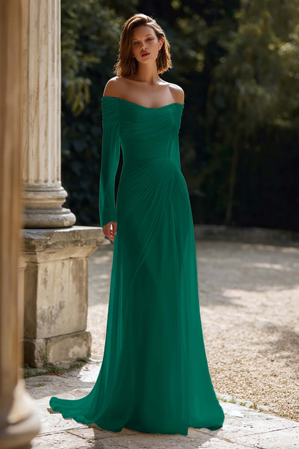 Ivory Ruched Long Sleeve Off The Shoulder Engagement Dress