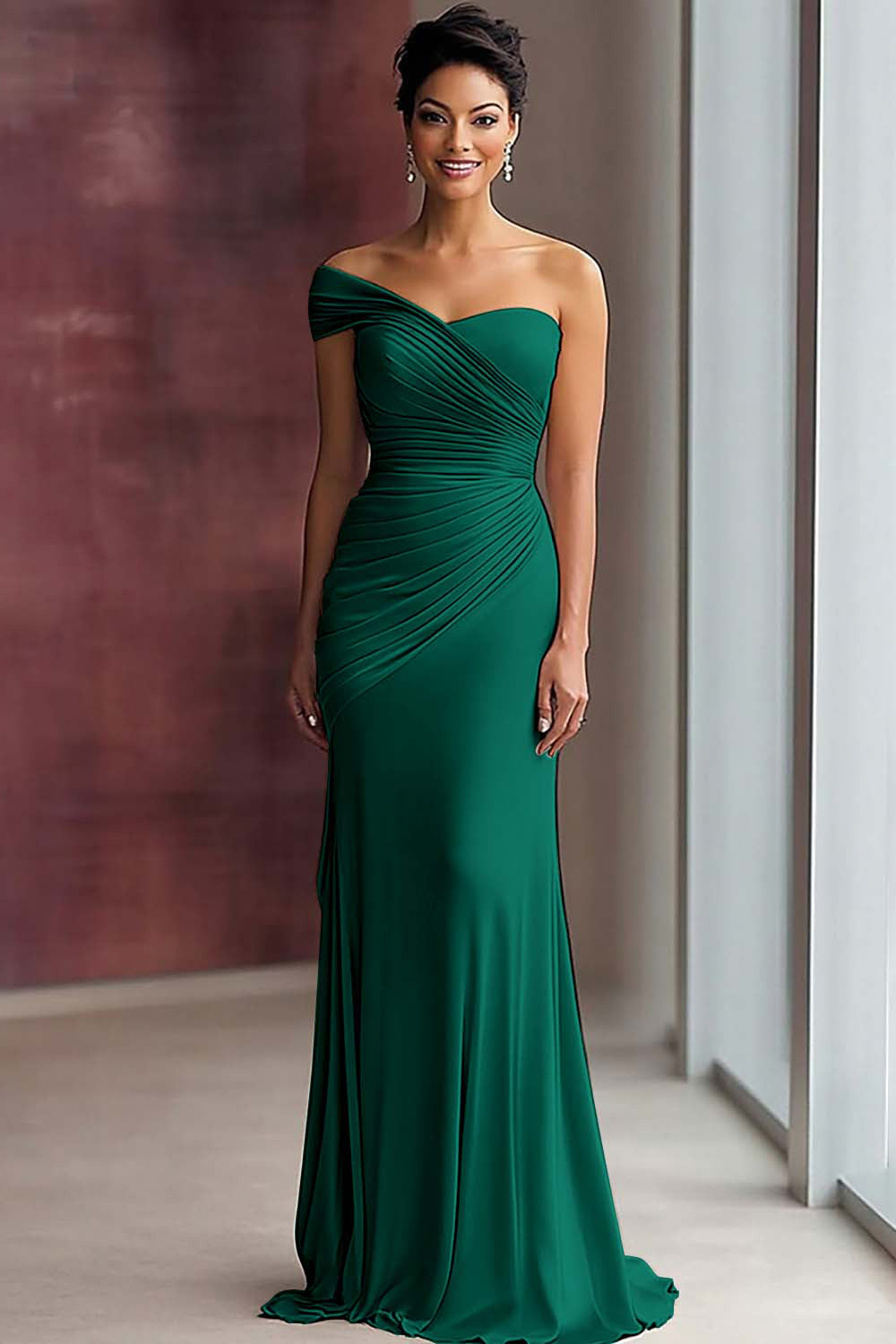 One Shoulder Light Khaki Sheath Pleated Formal Dress