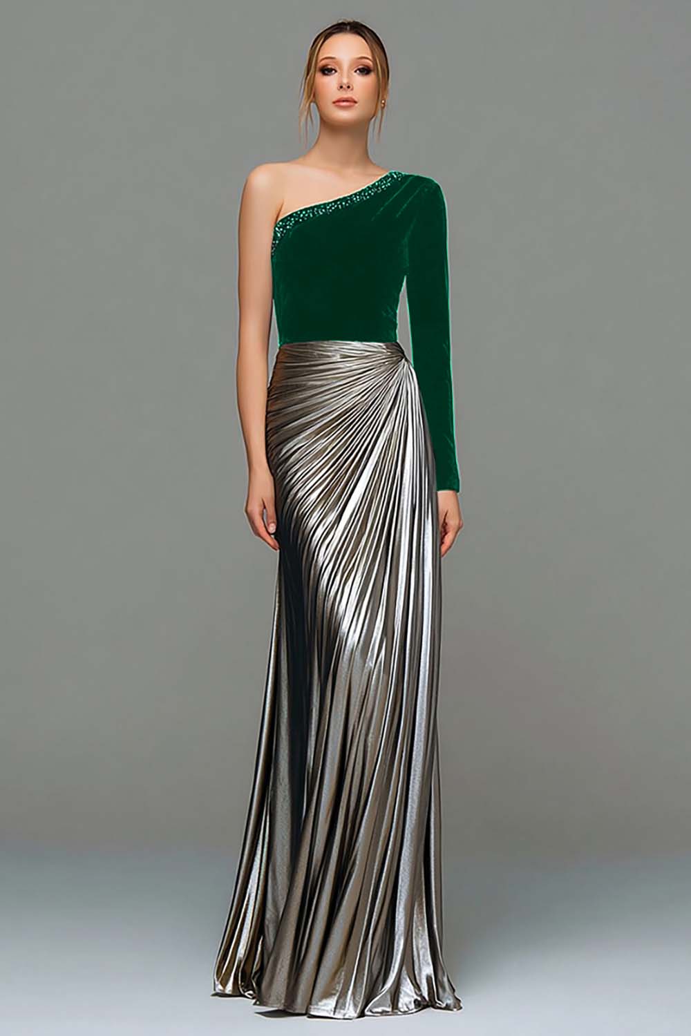 Black and Grey Asymmetrical Neck Ruched Formal Dress