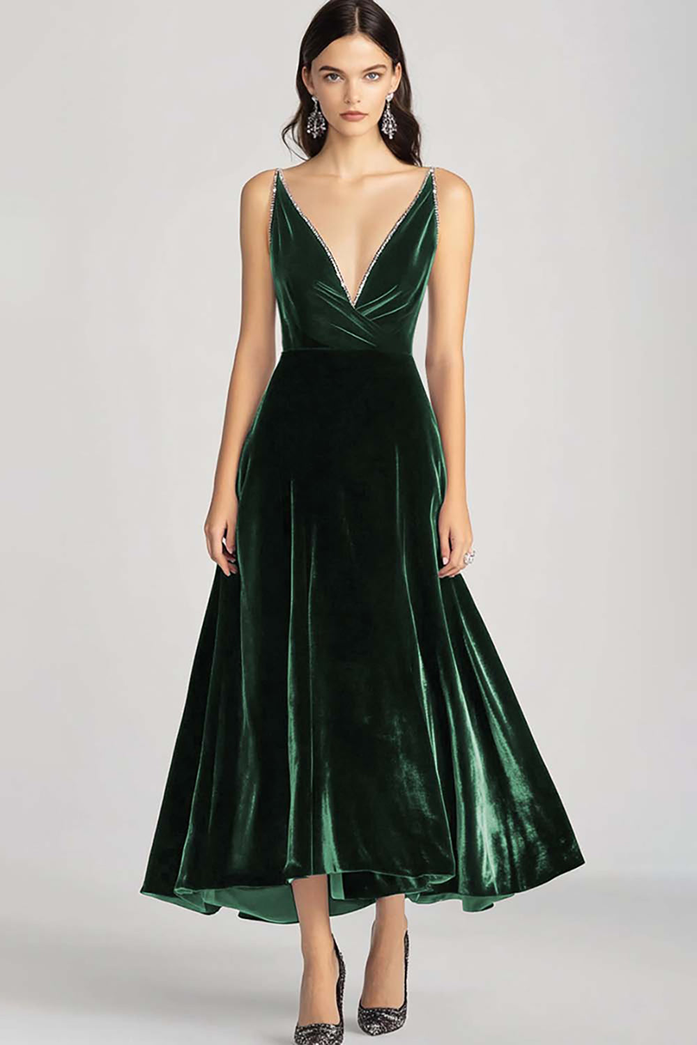 Velvet Beaded V Neck Tea-Length Burgundy Formal Dress
