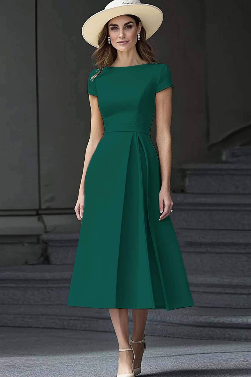 Yellow A Line Round Neck Midi Mother of the Bride Dress