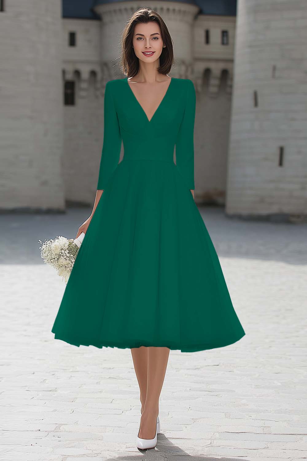 Ivory V-Neck A-Line Satin Engagement Dress With 3/4 Sleeves
