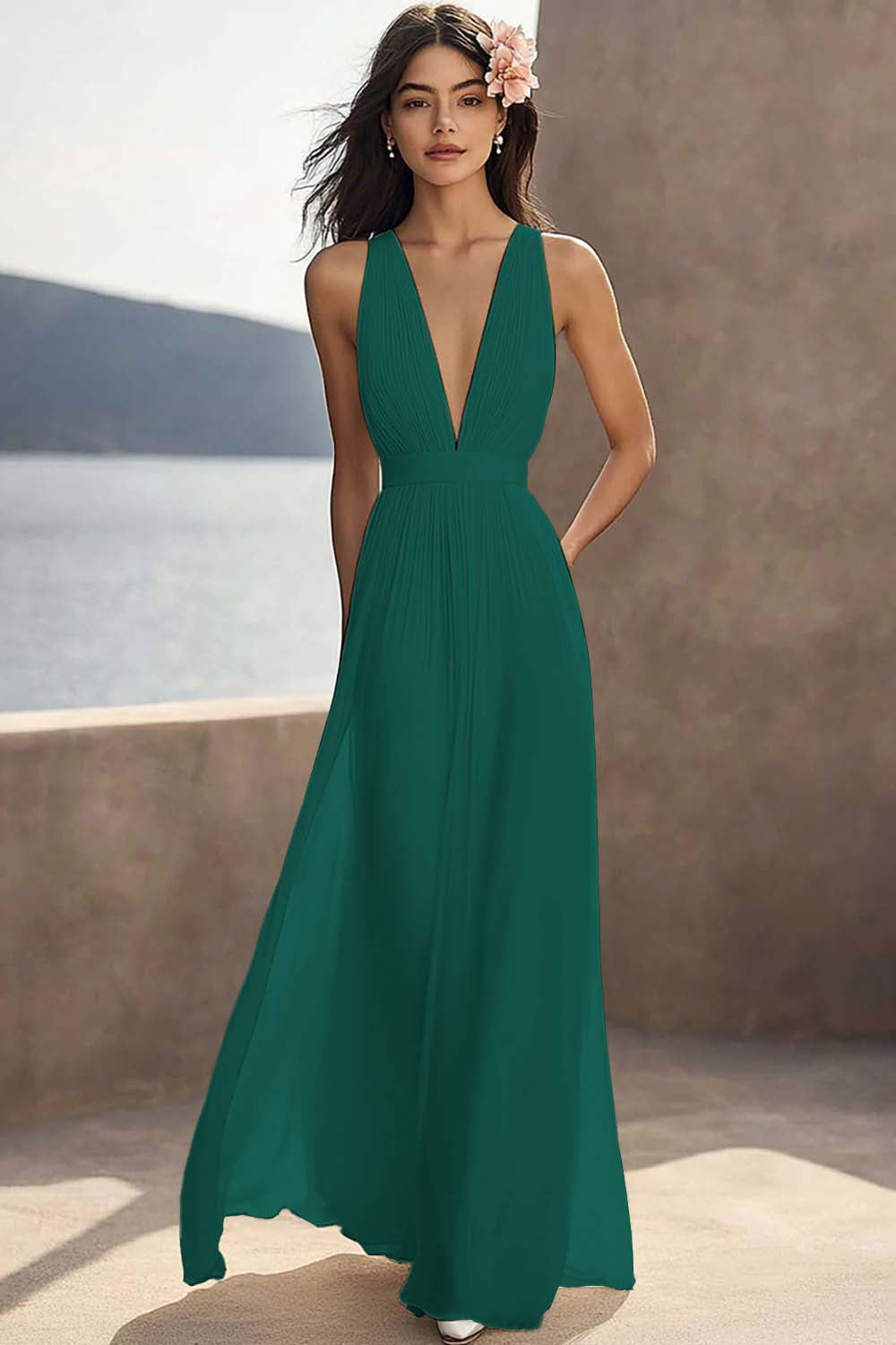 A Line Ivory V-Neck Long Engagement Dress