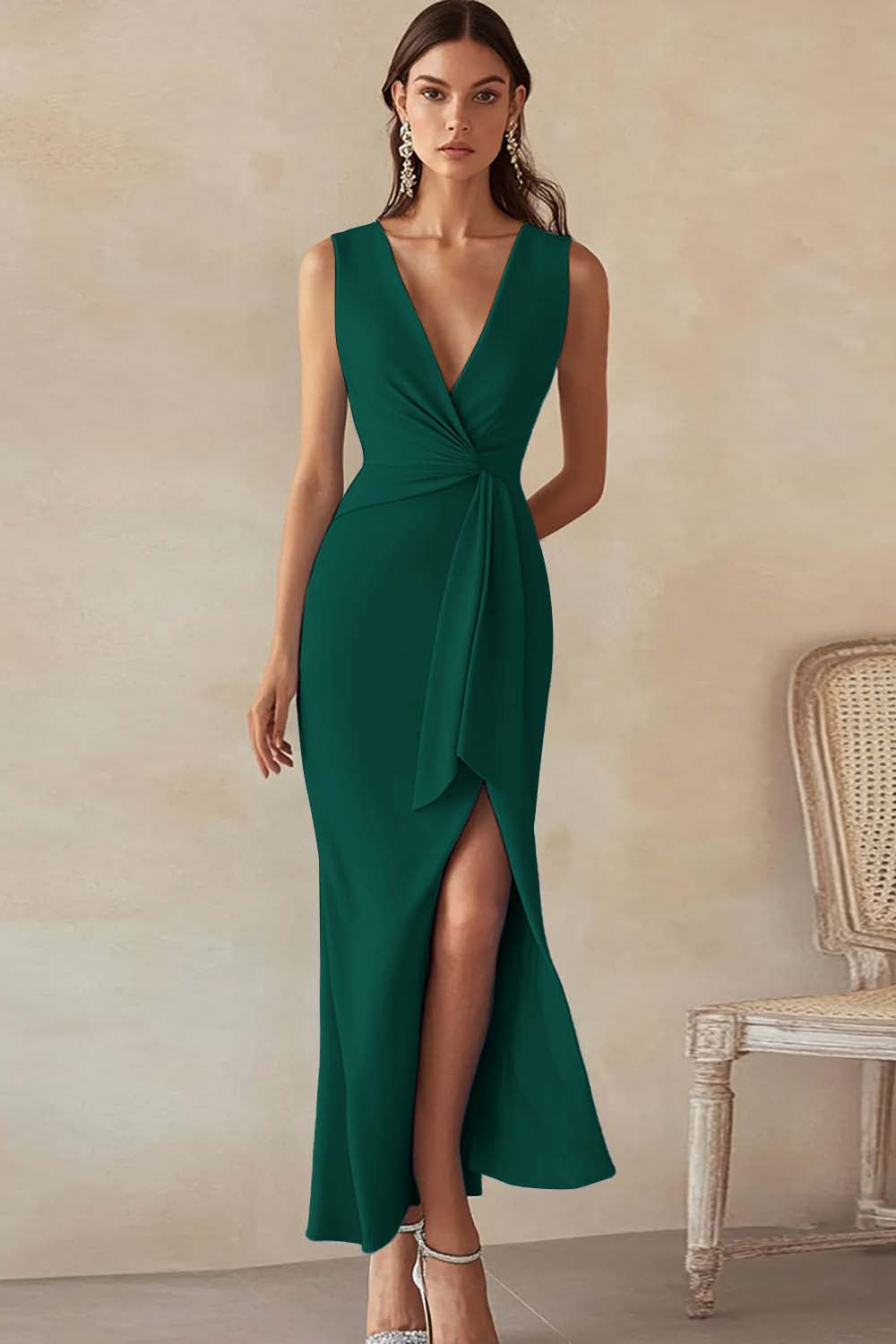 Blue Sheath V-Neck Formal Dress with Slit