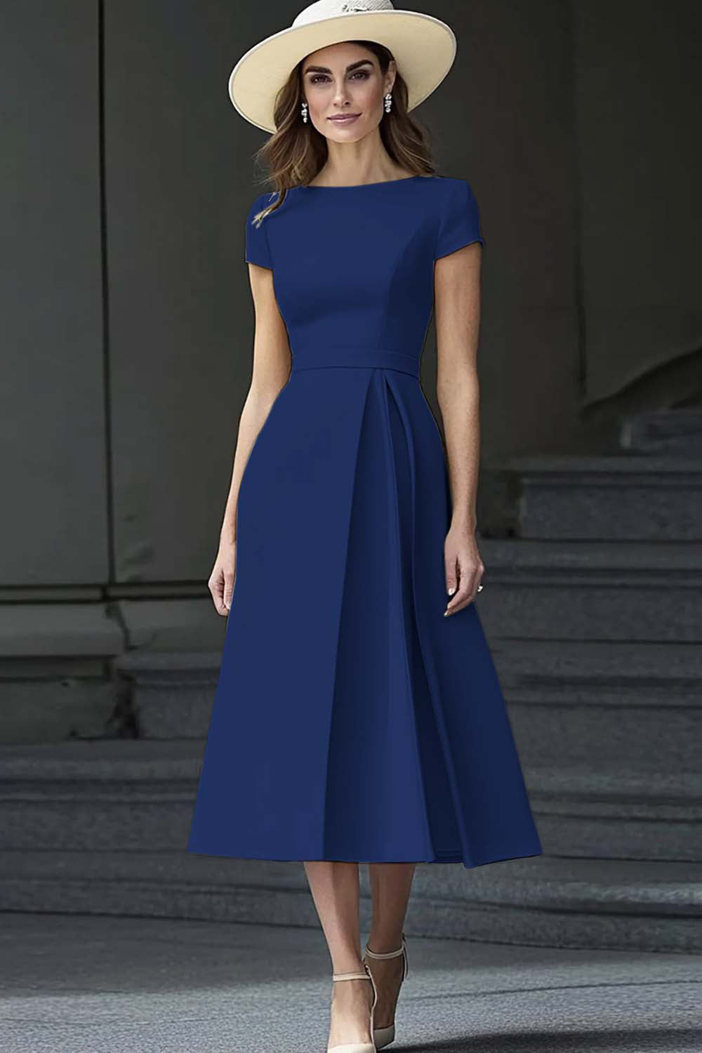 Yellow A Line Round Neck Midi Mother of the Bride Dress