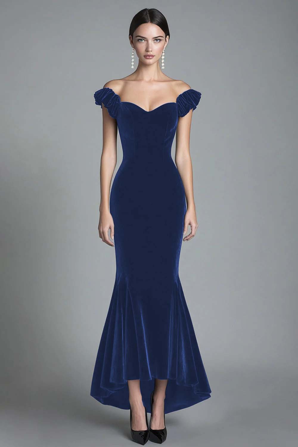 Off the Shoulder Mermaid Black Velvet Long Formal Dress