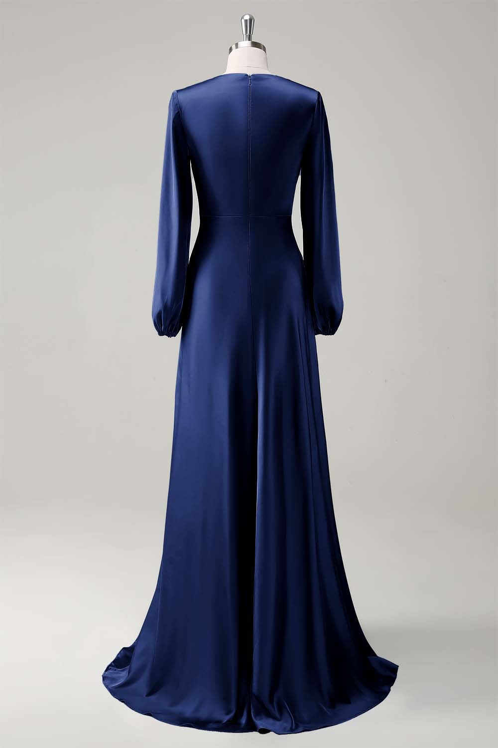 Eucalyptus Satin Round Neck Modest Bridesmaid Dress with Long Sleeves