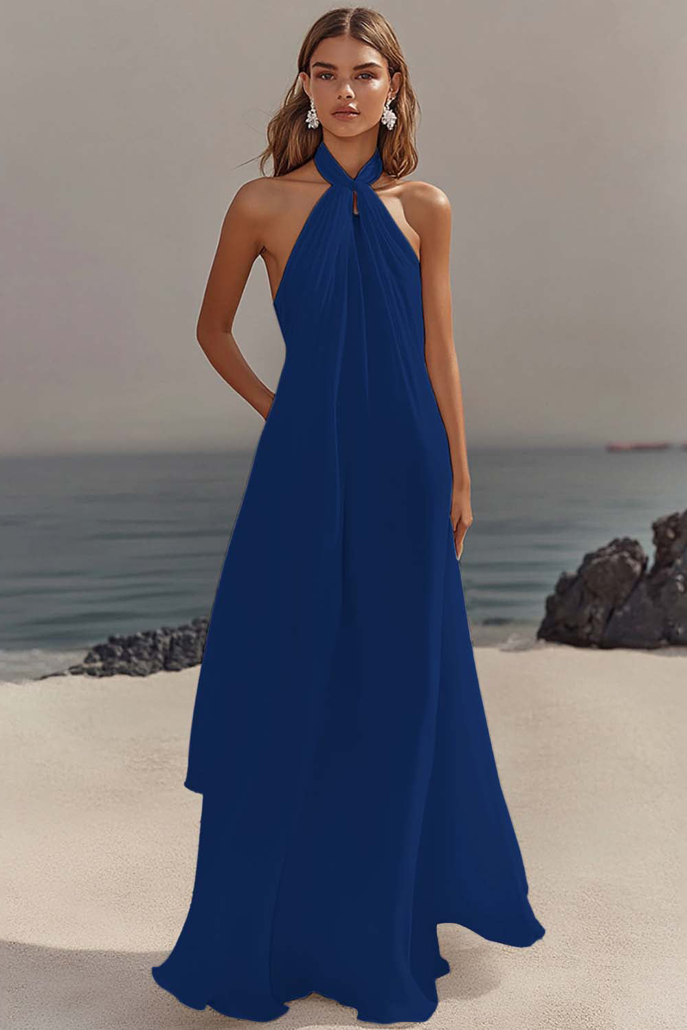 Halter White A-Line Maxi Engagement Dress