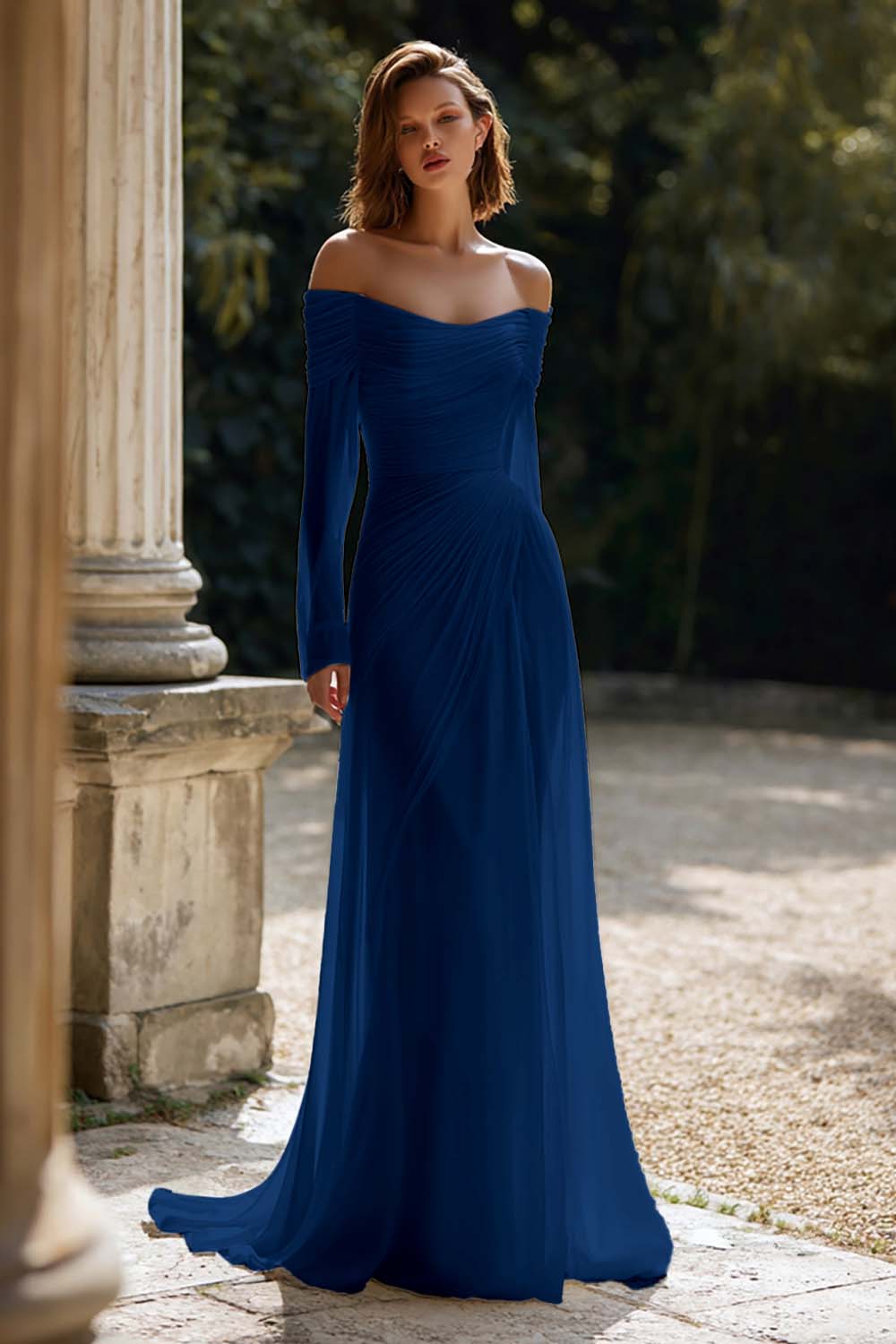 Ivory Ruched Long Sleeve Off The Shoulder Engagement Dress