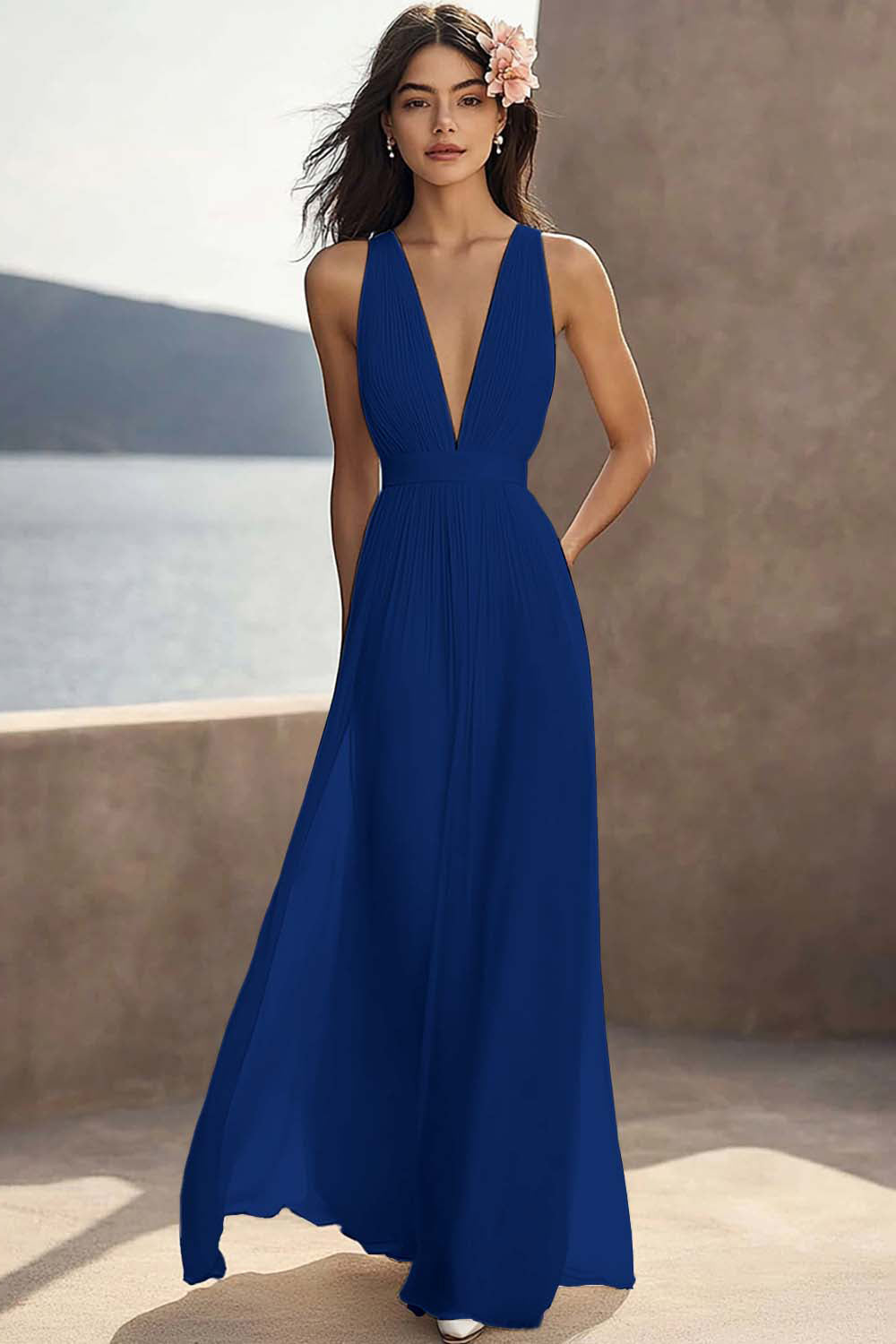 A Line Ivory V-Neck Long Engagement Dress