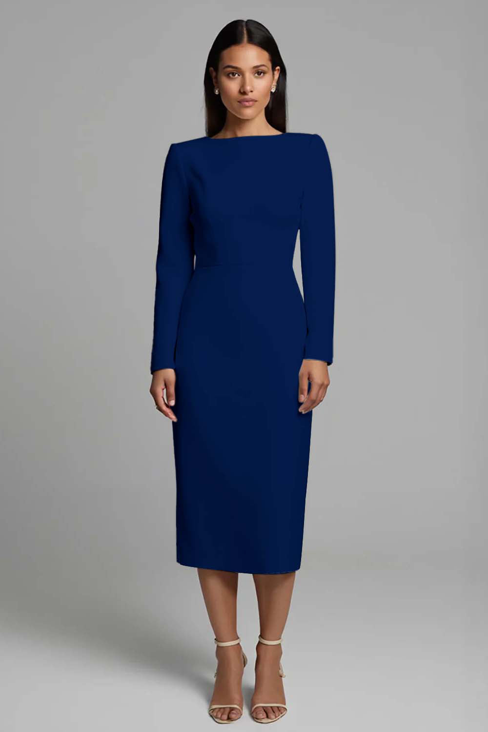 Ivory Sheath Long Sleeve Midi Work Dress with Slit