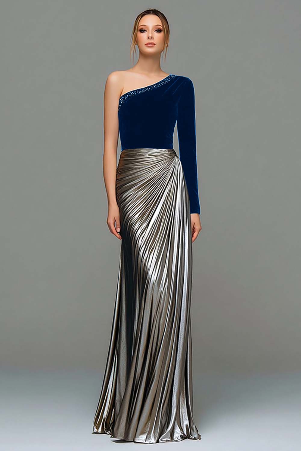 Black and Grey Asymmetrical Neck Ruched Formal Dress