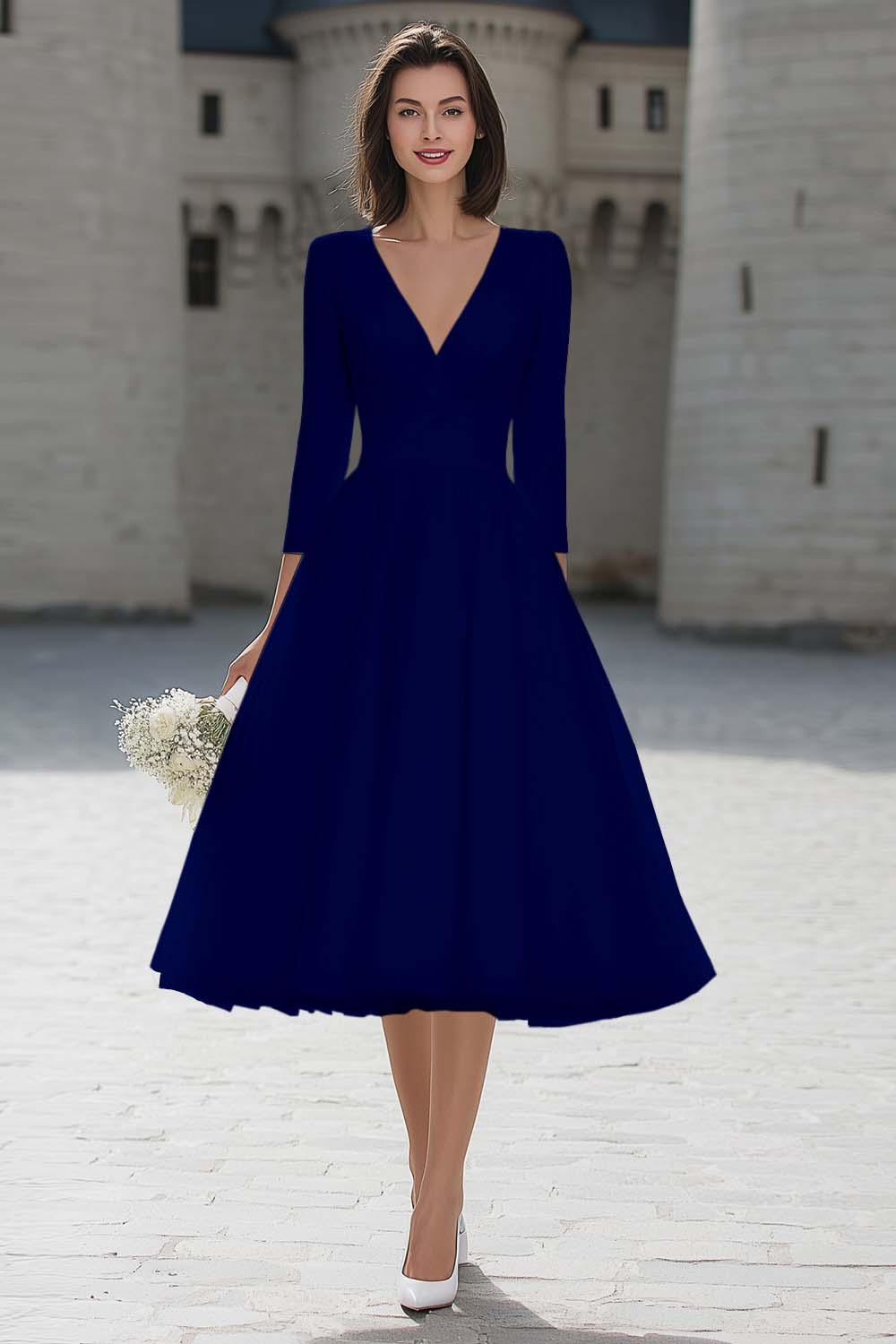 Ivory V-Neck A-Line Satin Engagement Dress With 3/4 Sleeves