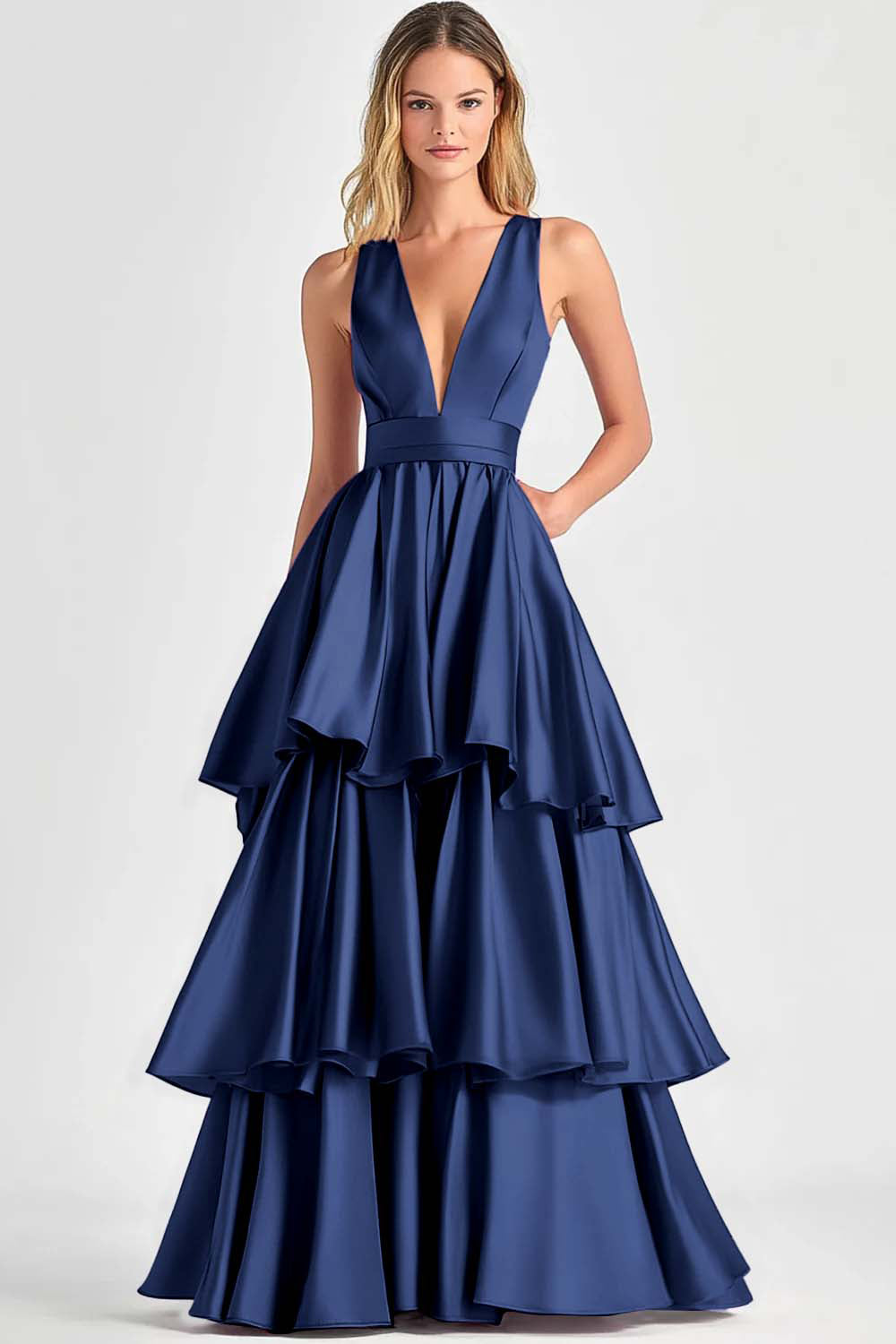 Tiered V Neck Fuchsia A Line Formal Dress