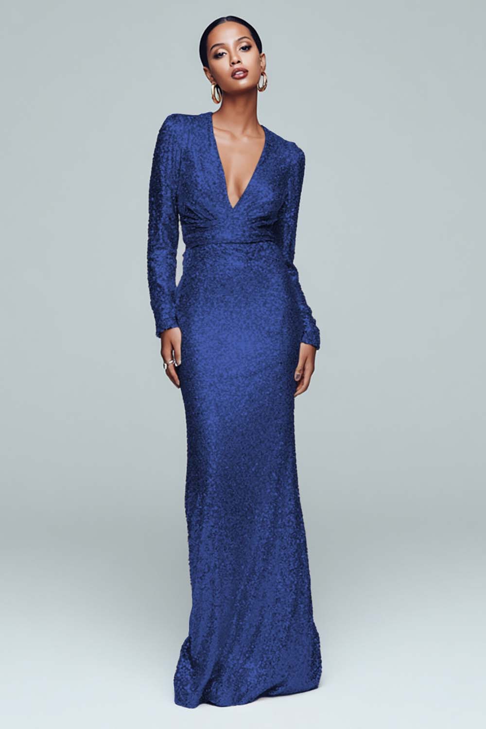 Gold Sheath Long Sleeve Maxi Evening Dress With Sequins