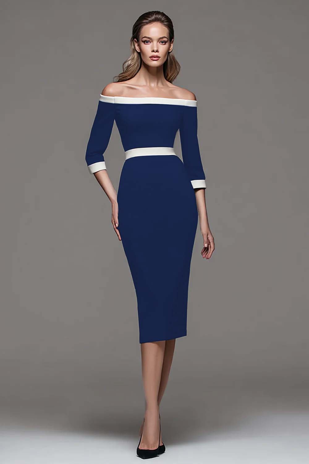Off The Shoulder Black and White Pencil Work Dress