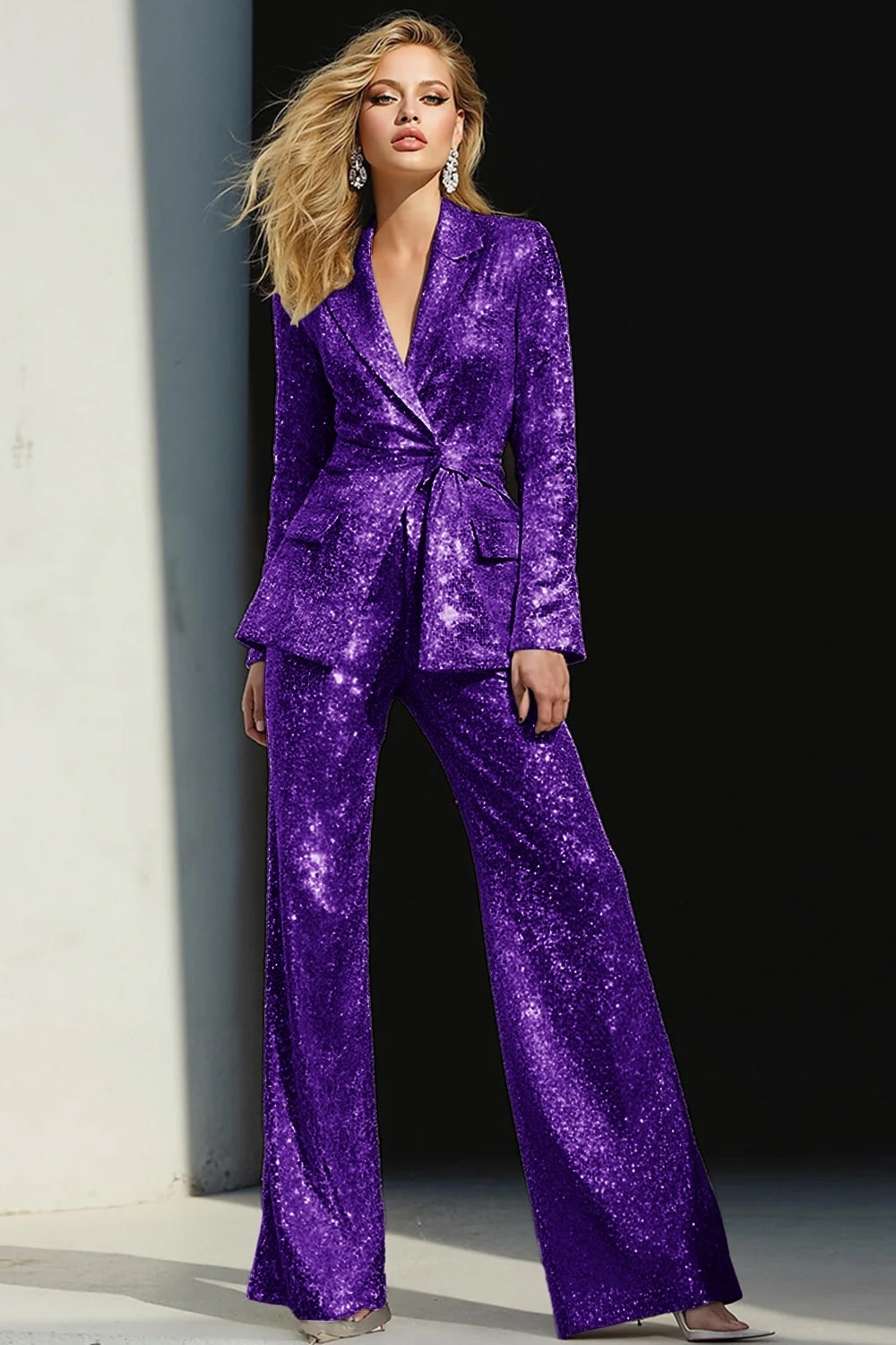 Silver Sequined Peak Lapel Women Prom Suits With Sash