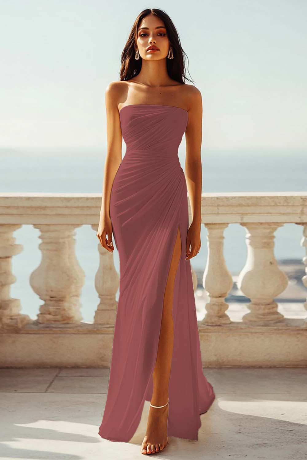 Strapless Ivory Sheath Engagement Dress with Slit