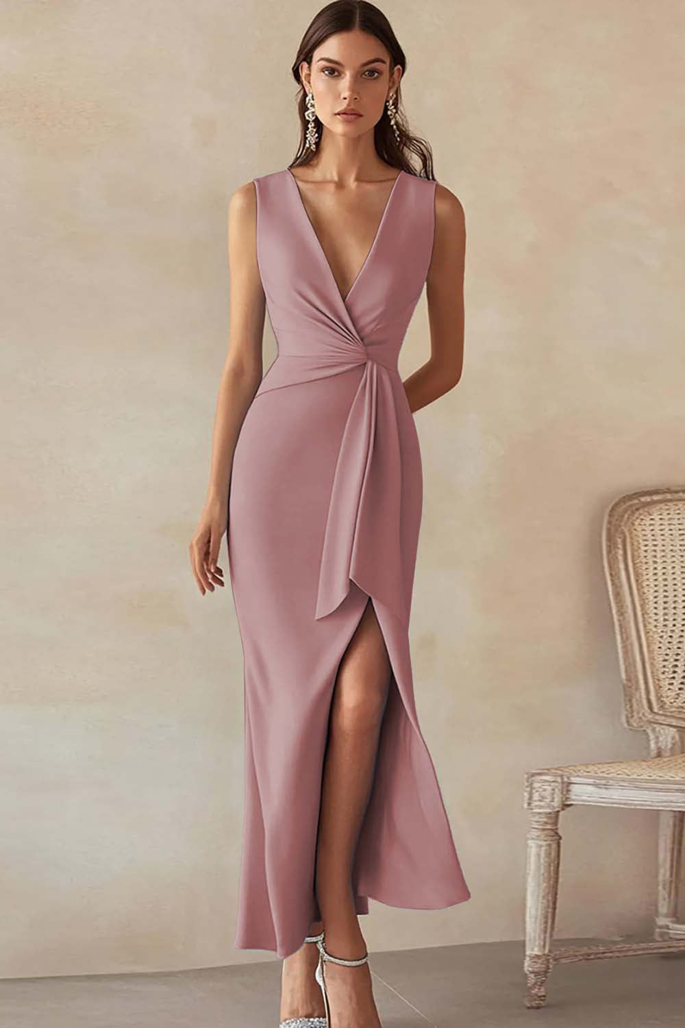 Blue Sheath V-Neck Formal Dress with Slit