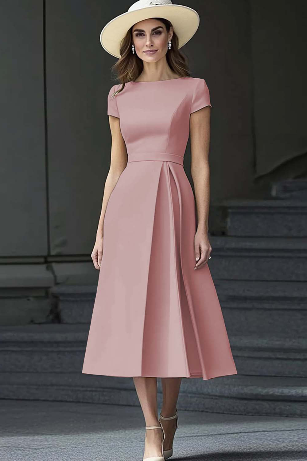 Yellow A Line Round Neck Midi Mother of the Bride Dress