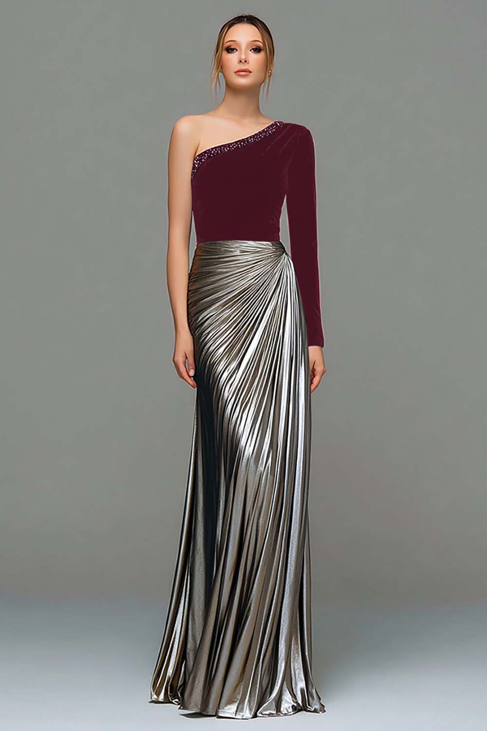 Black and Grey Asymmetrical Neck Ruched Formal Dress