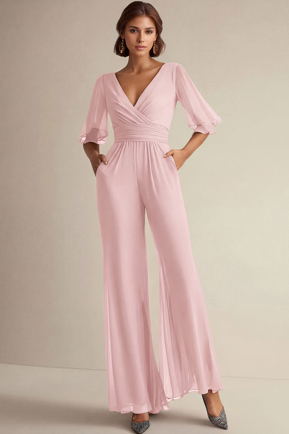 V Neck Navy Mother of the Bride Jumpsuit with Short Sleeves