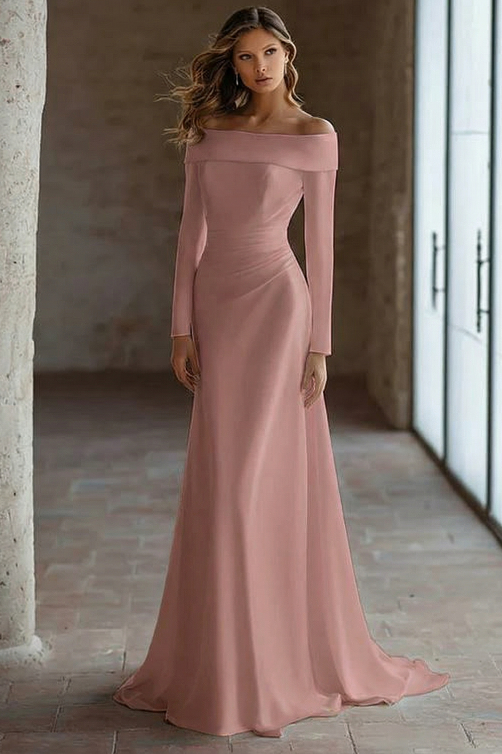 Off The Shoulder Ivory Engagement Dress With Long Sleeves