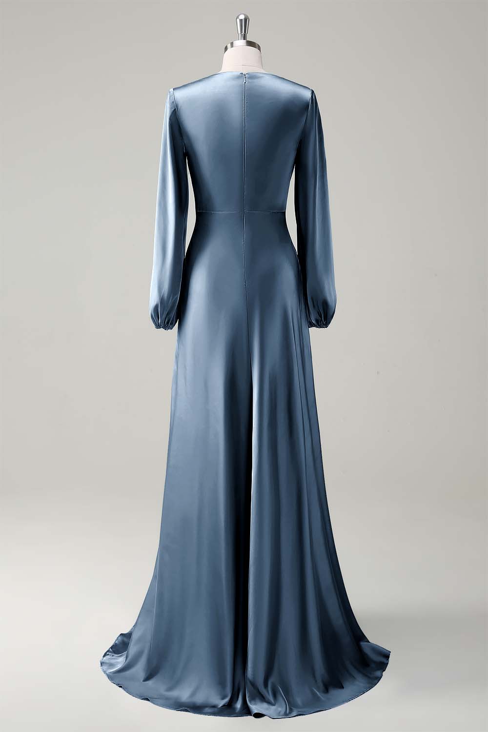 Eucalyptus Satin Round Neck Modest Bridesmaid Dress with Long Sleeves