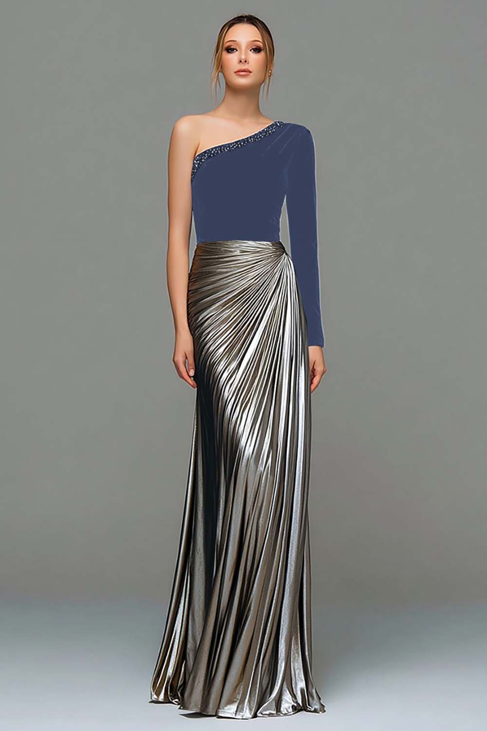 Black and Grey Asymmetrical Neck Ruched Formal Dress