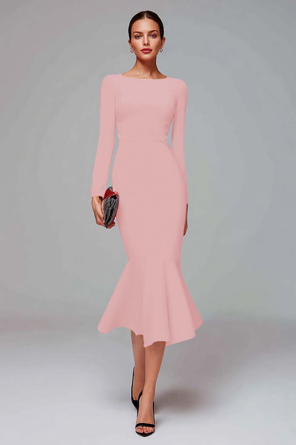 Red Mermaid Long Sleeve Midi Work Dress