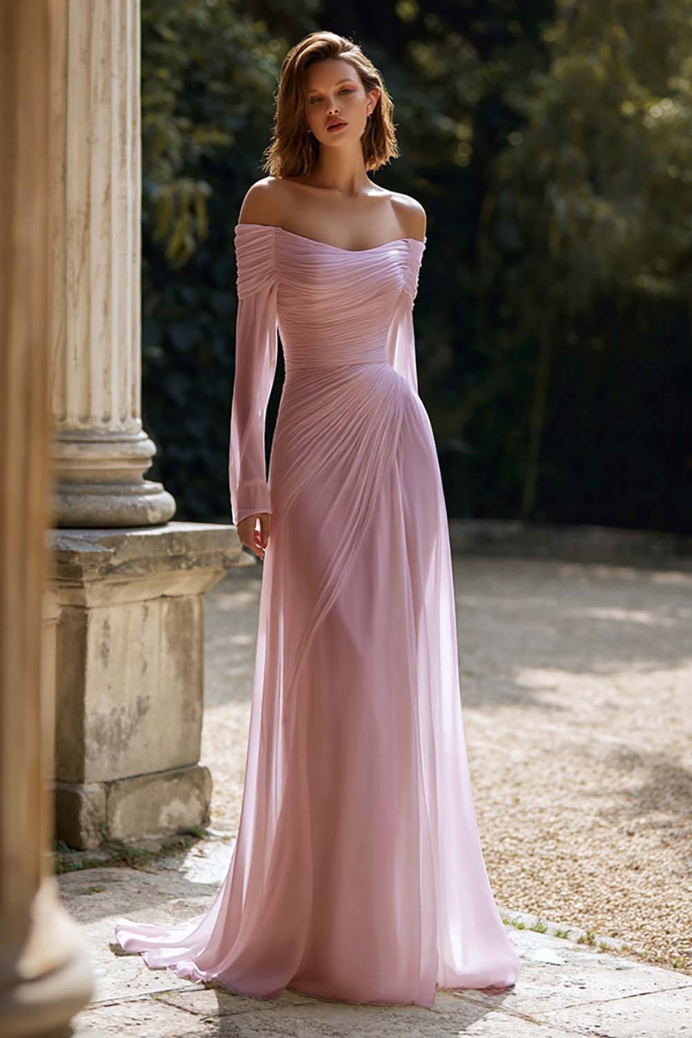 Ivory Ruched Long Sleeve Off The Shoulder Engagement Dress