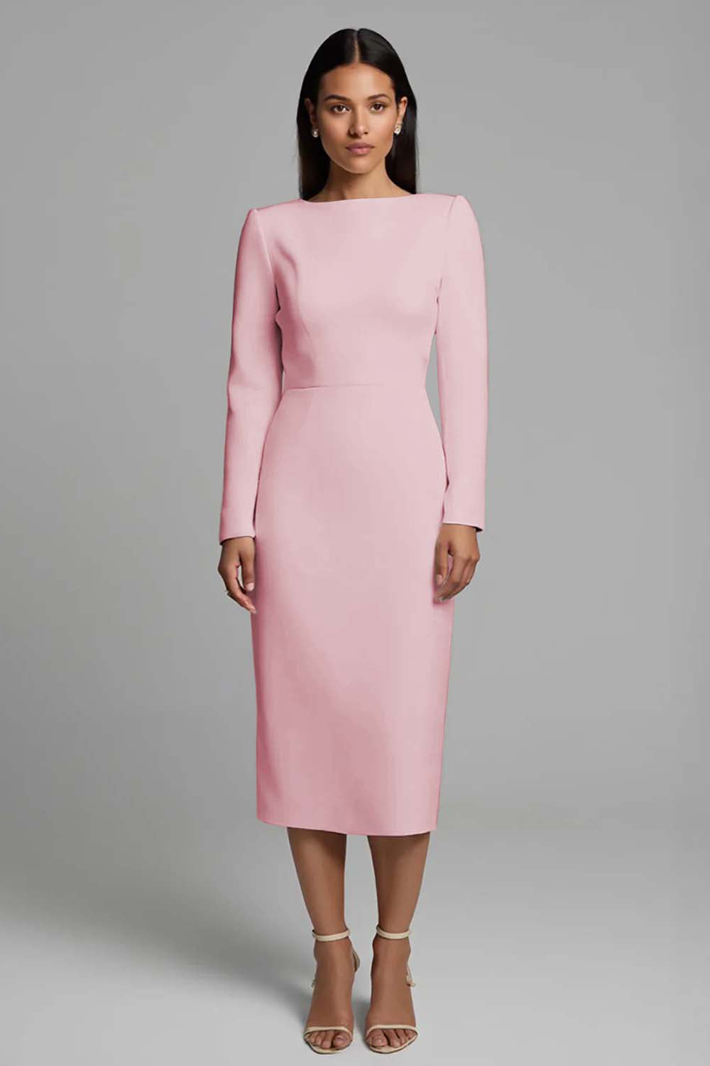 Ivory Sheath Long Sleeve Midi Work Dress with Slit