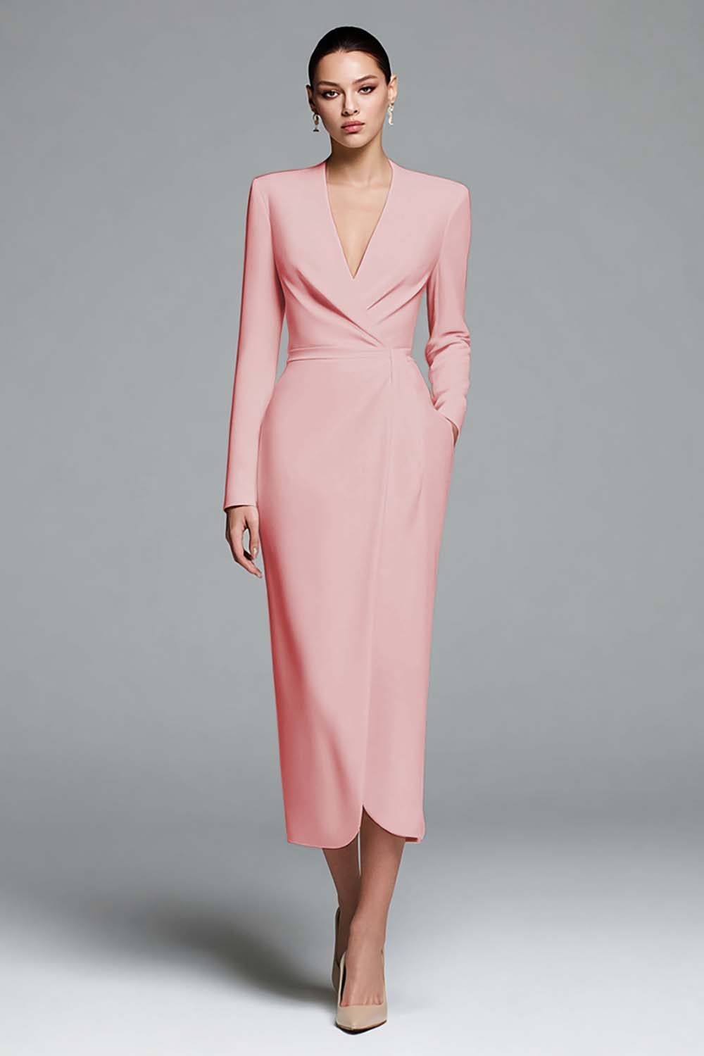 Ivory Sheath V-Neck Work Dress With Long Sleeves